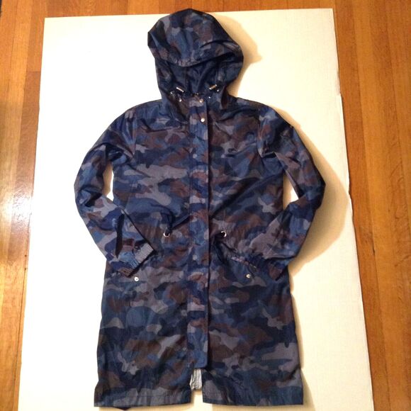 Camo Jacket Windbreaker Womens L Blue Brown Waxy Lightweight Hooded Gorpcore - Picture 2 of 12